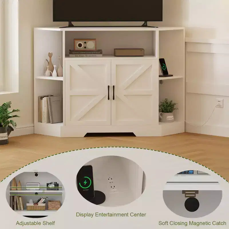 Corner TV Stand for TVs up to 55 Farmhouse Barn Door Media Console with Open Shelves & Storage Cabinet, White – Image 2
