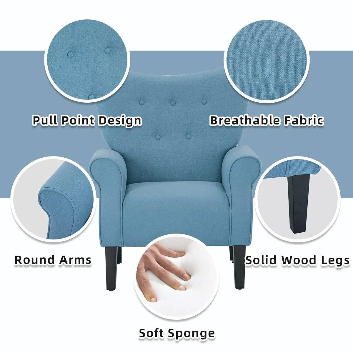 Erommy Modern Accent Chair, High Back Armchair, Upholstered Fabric Button Single Sofa with Wooden Legs for Living Room – Image 77