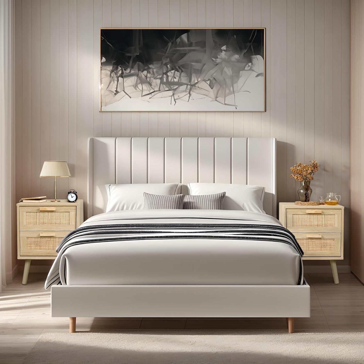 Finnhomy Lot de 2 tables de chevet, tables d'appoint avec 2 tiroirs décorés à la main en rotin, en bois, avec rangement pour chambre à coucher, naturel – Image 6