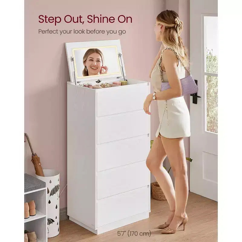 5-Drawer Dresser with Vanity Mirror and Touch Control Adjustable Lights, Modern Chest of Drawers for Bedroom, Sturdy Storage Furniture, Snow White – Image 6
