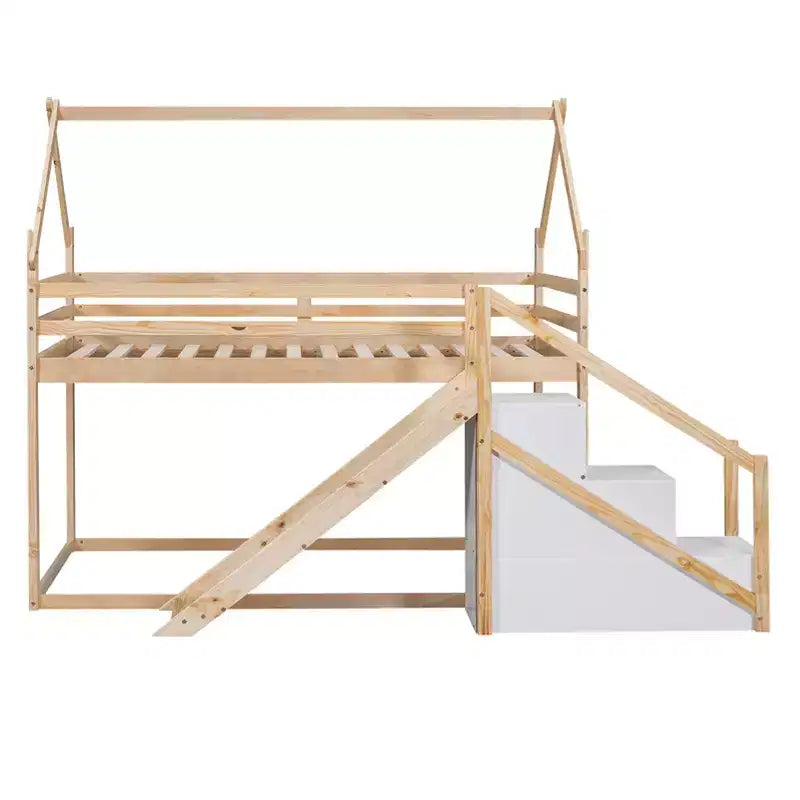 House Bunk Beds with Slide and Storage Stairs, Kids Wood Twin over Twin Bunk Bed with Roof and Stairs for Girls Boys – Image 6