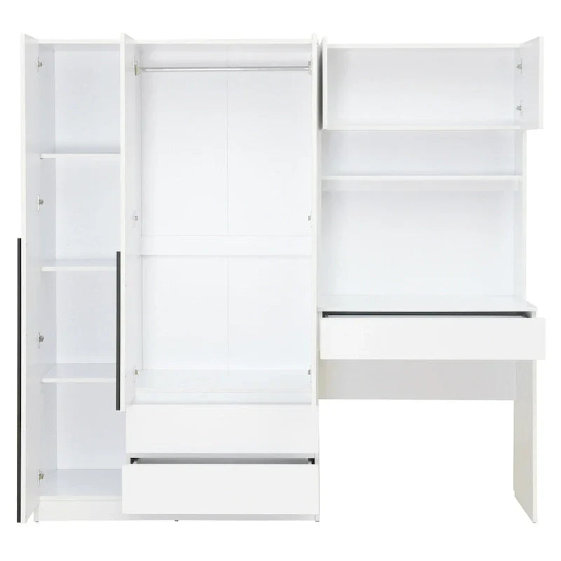 3-in-1 Wardrobe Closet with Vanity Desk, Desk Set, Bedroom Armoire with 2 Drawers 3-Door Storage Desk Wardrobe – Image 8