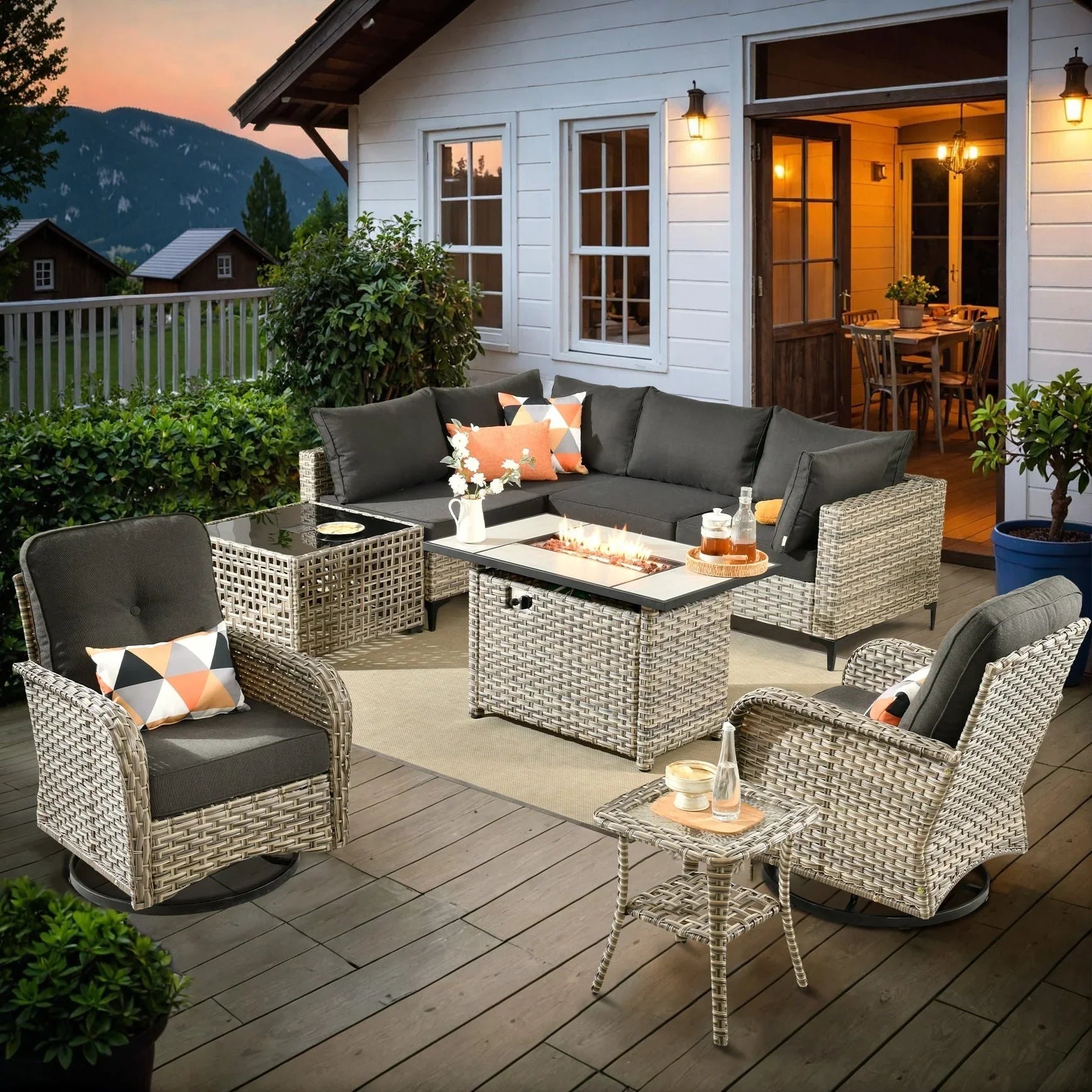 OVIOS 9 Pieces Outdoor Wicker Swivel Chair Set With Fire Table – Image 12