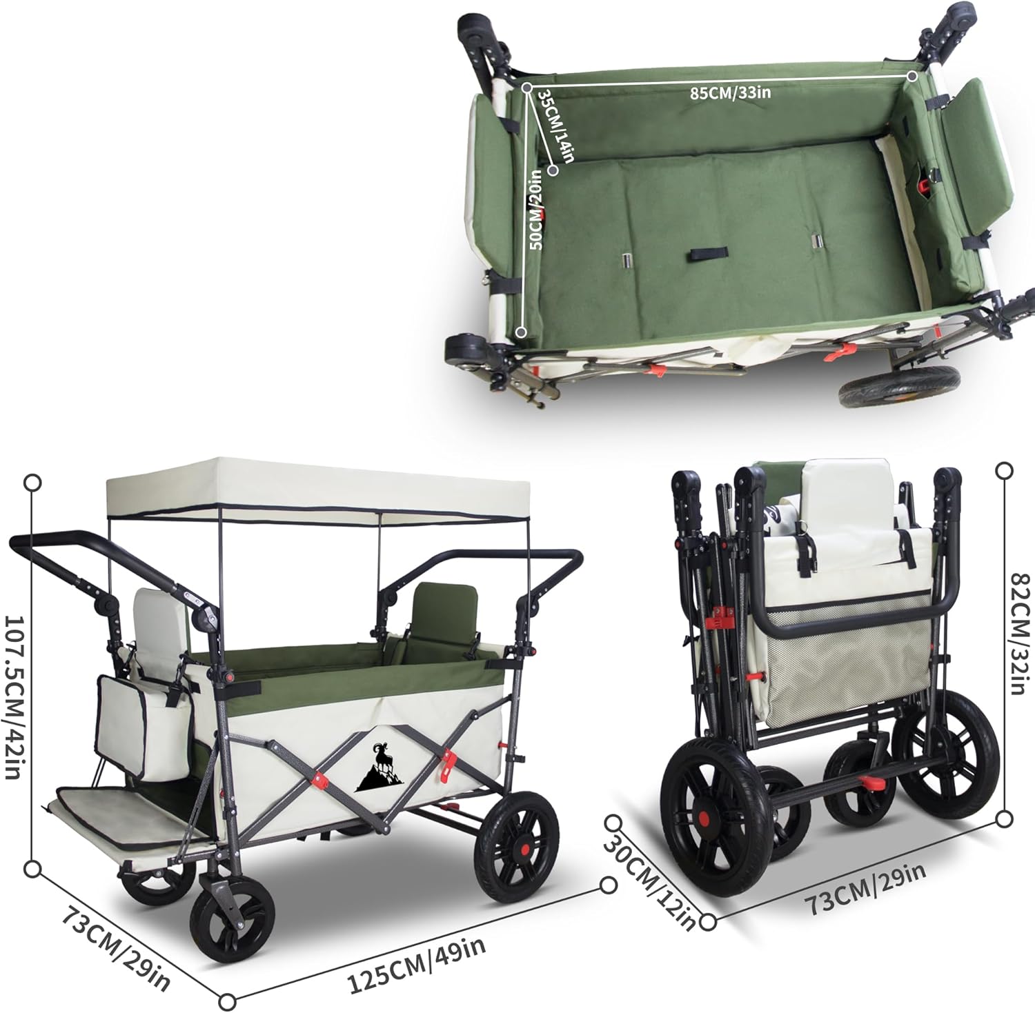 TOPWELL Chariot de transport pliable de 180 l jusqu'à 120 kg avec 2 sièges pliables/toit/frein, chariot de transport pliable avec roues en polyuréthane vert/beige – Image 3