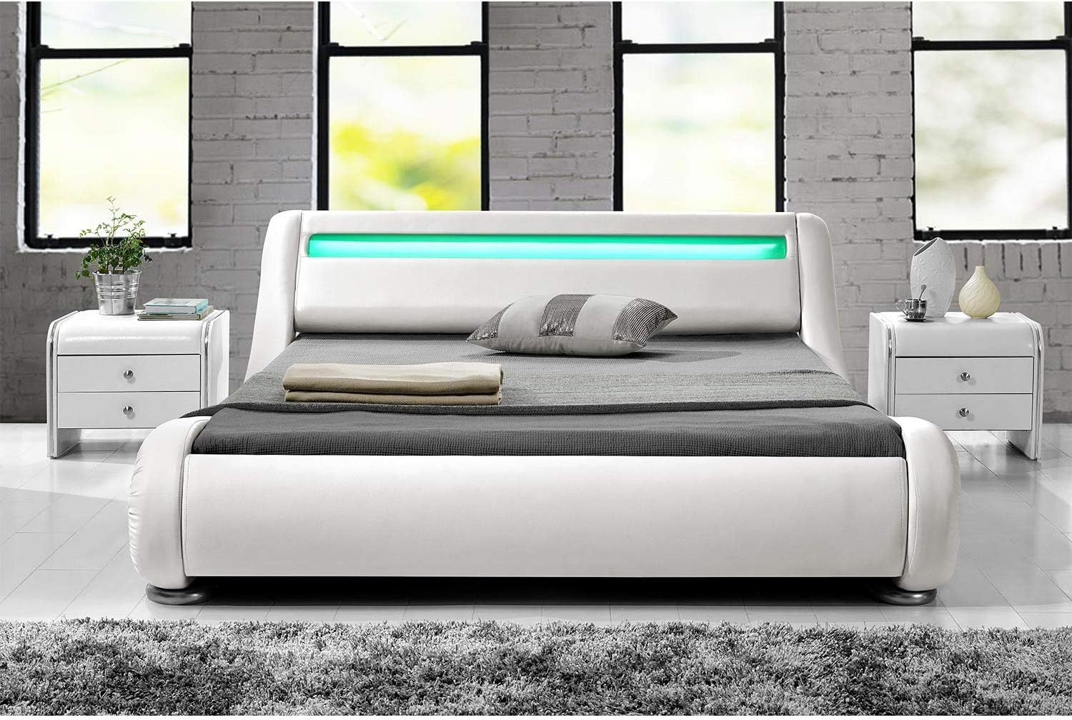 CONCEPT USINE Lit Double Seattle 140x190 cm avec LED Design Moderne en Simili Blanc Tête de Lit Lumineuse Télécommande LED 4 Couleurs Incluse Structure Plywood Solide et Sommier 2 Places – Image 7