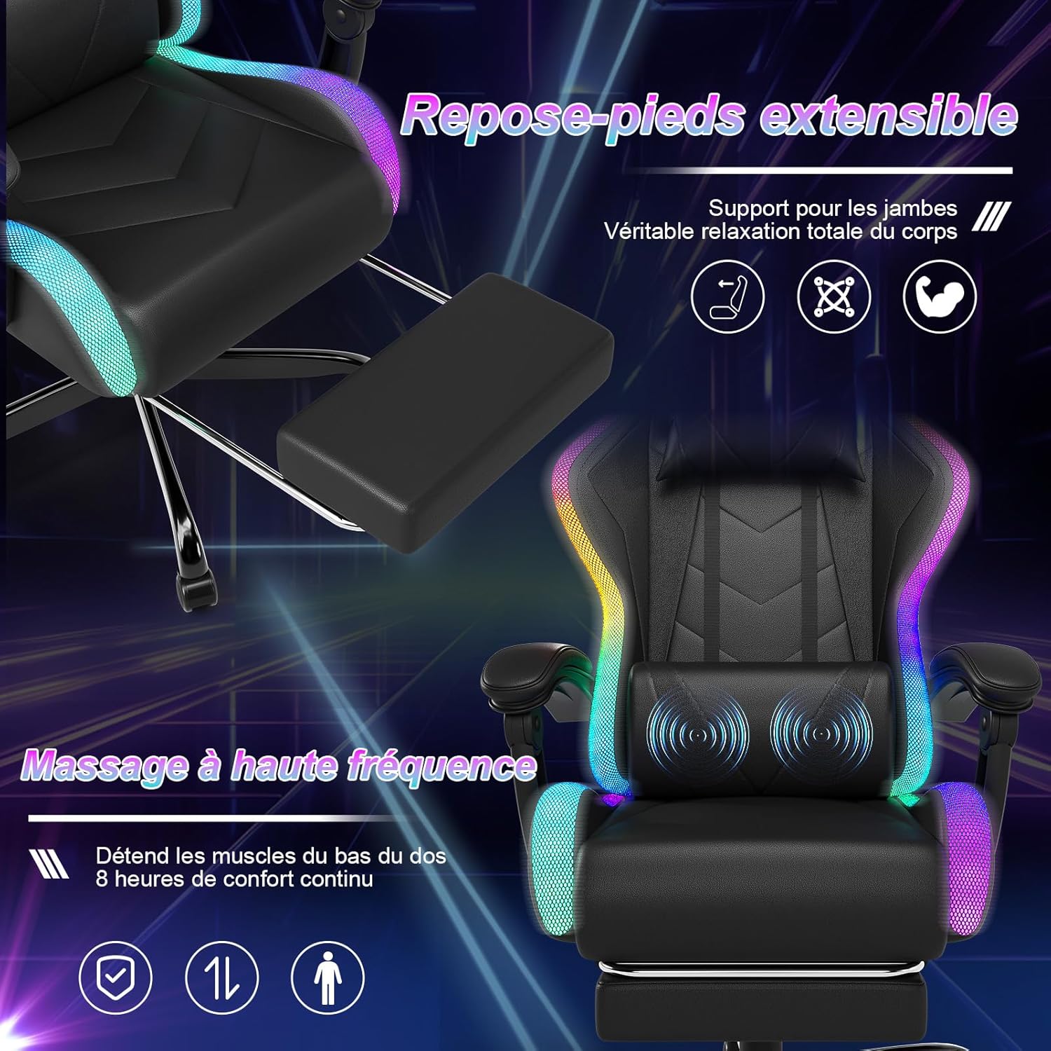 Devoko Chaise Gaming Ergonomique avec LED RGB, Massage Lombaire & Repose-Pieds – Fauteuil Gamer avec Appui-tête réglable – Dossier inclinable & Hauteur Ajustable – 180 kg – Noir – Image 2