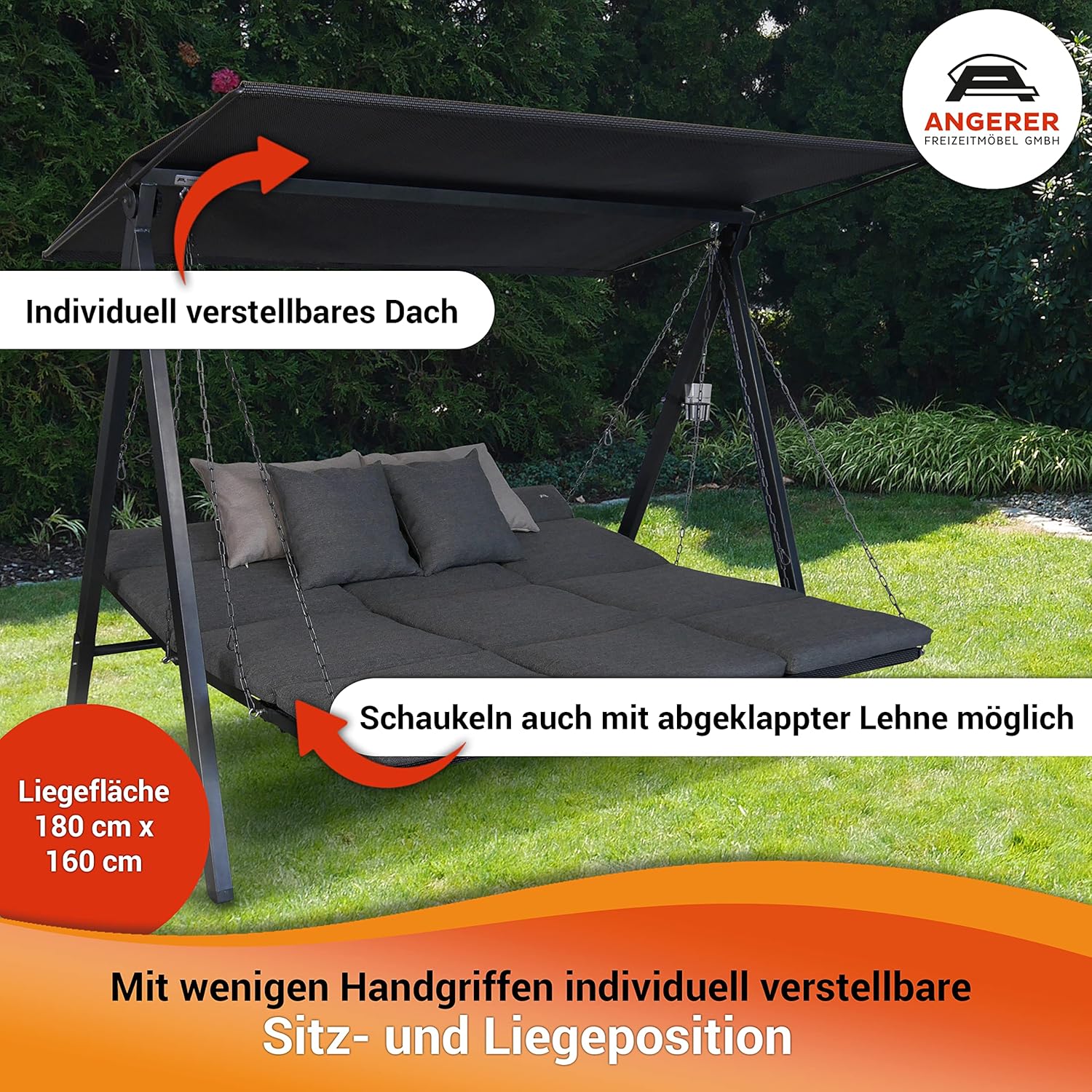 ANGERER Balancelle de Jardin Lounge Smart 3 Places, Acier Galvanisé, Toit Réglable, Position Assise et Allongée Réglable, avec Coussins et Textilène, pour Extérieur Smart Gris – Image 3