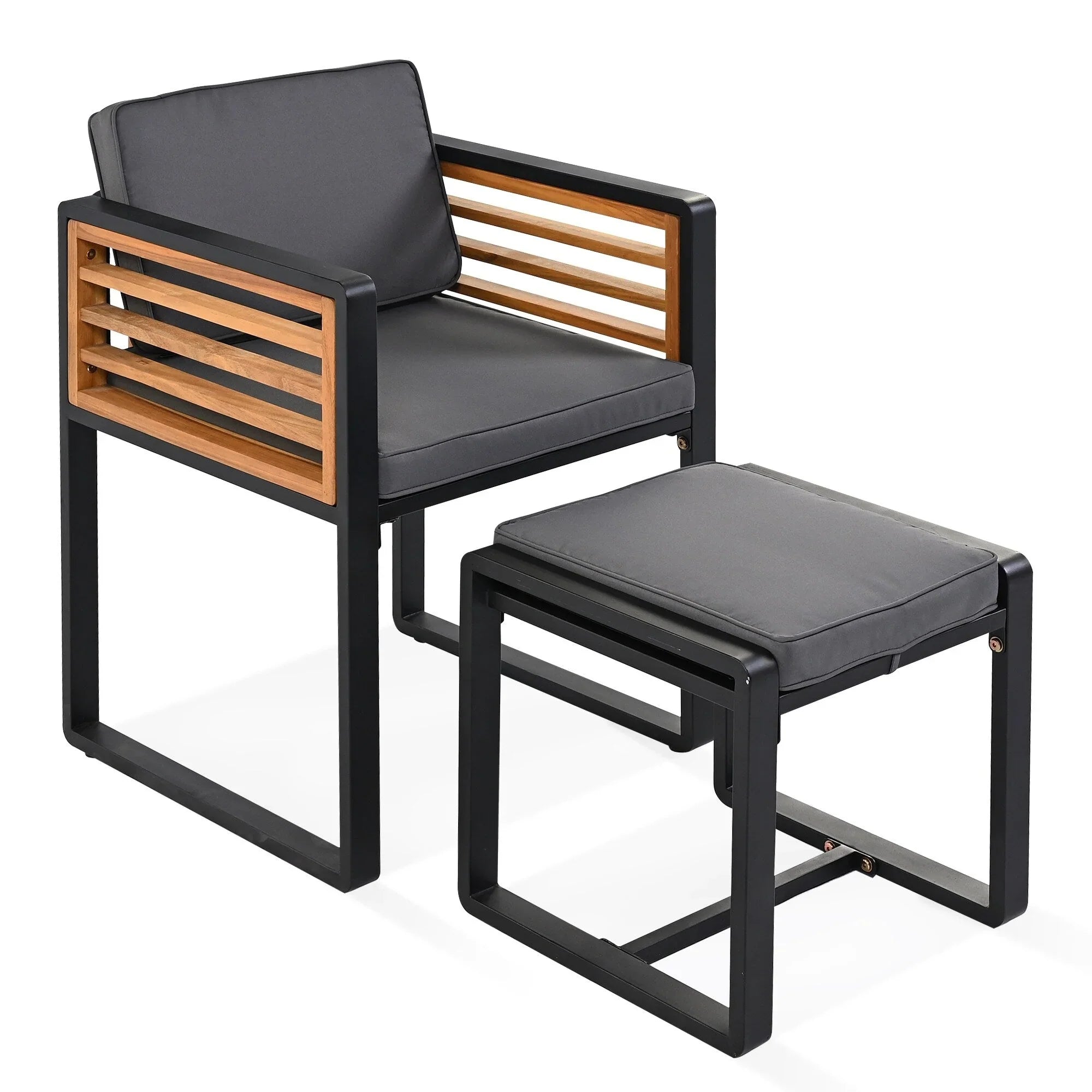 18-Pieces Acacia Wood Patio Dining Set, 8 Cushioned Chairs & 8 Ottomans & 2 Square Table – Image 11