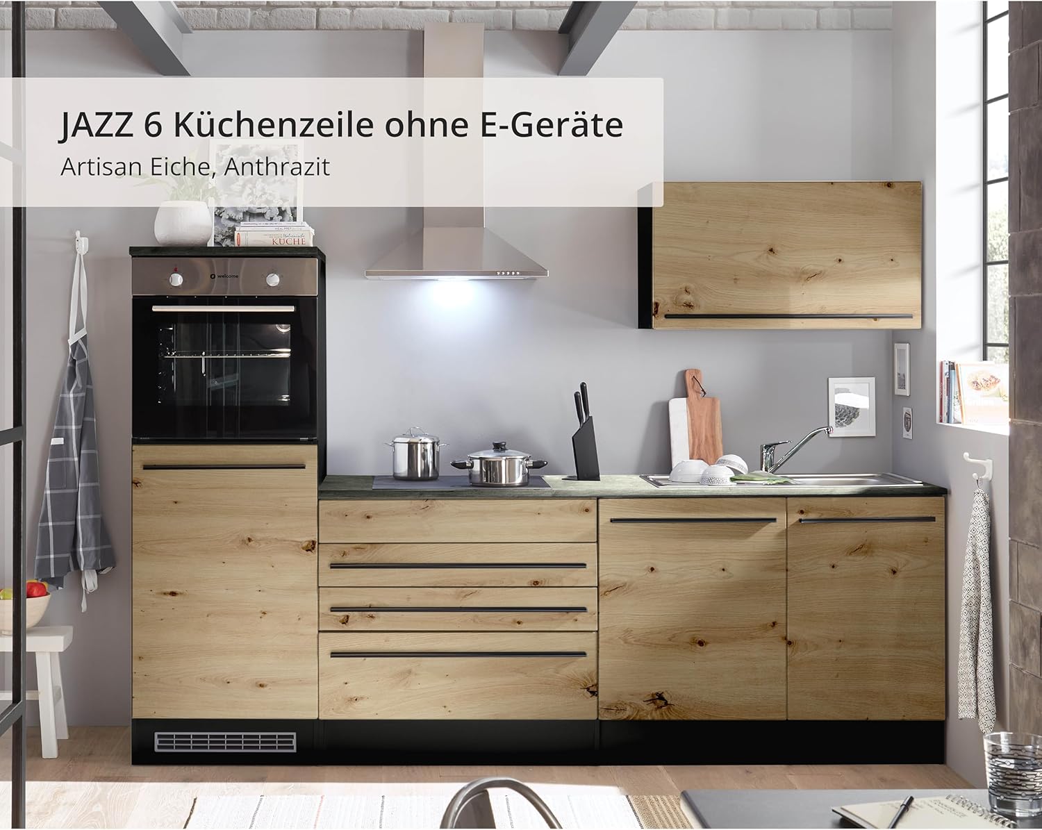 Stella Trading Jazz 6 Cuisine Moderne sans électroménager, Anthracite, Aspect chêne Artisan - Cuisine intégrée spacieuse avec Beaucoup de Rangement - 260 x 200 x 60 cm L/H/P – Image 10