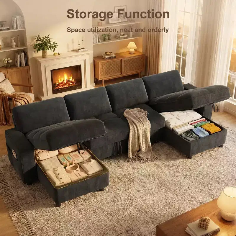 104 U-Shaped Convertible Sleeper Sofa Bed with Storage – Image 13