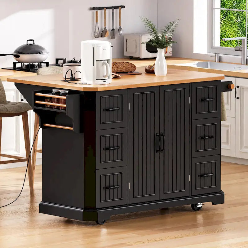 Expandable Drop-Leaf Kitchen Island, Kitchen Cart on 4 Wheels with Power Outlet, Moveable Island Table with 2 Door & 6 Drawers – Image 4