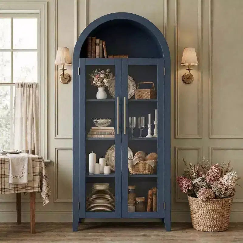 Tall Arched Storage Cabinet with Glass Doors, 5-Tier Display Bookcase with Adjustable Shelves for Kitchen or Living Room – Image 9