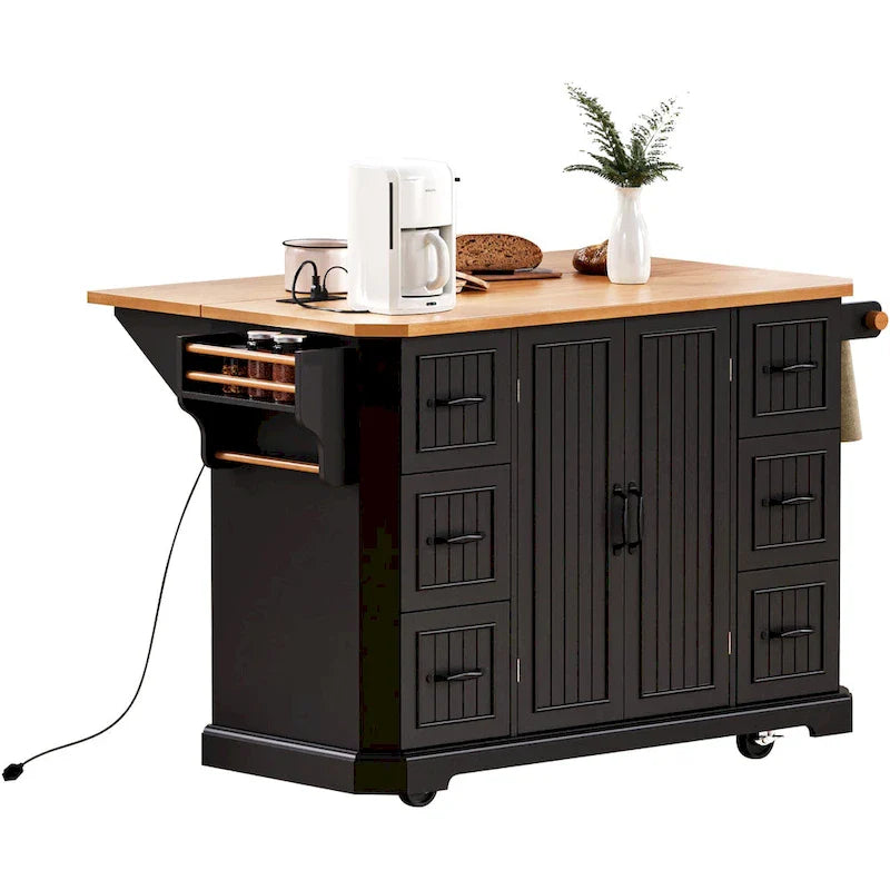 Expandable Drop-Leaf Kitchen Island, Kitchen Cart on 4 Wheels with Power Outlet, Moveable Island Table with 2 Door & 6 Drawers – Image 17