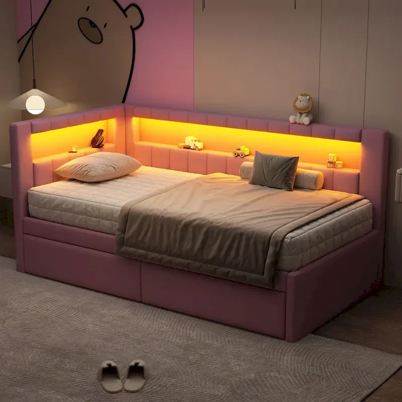 Upholstered Platform Bed with USB Ports & LED Lighting - Full/Twin Size Bed Frame with 2 Storage Drawers - Modern Bedroom – Image 17
