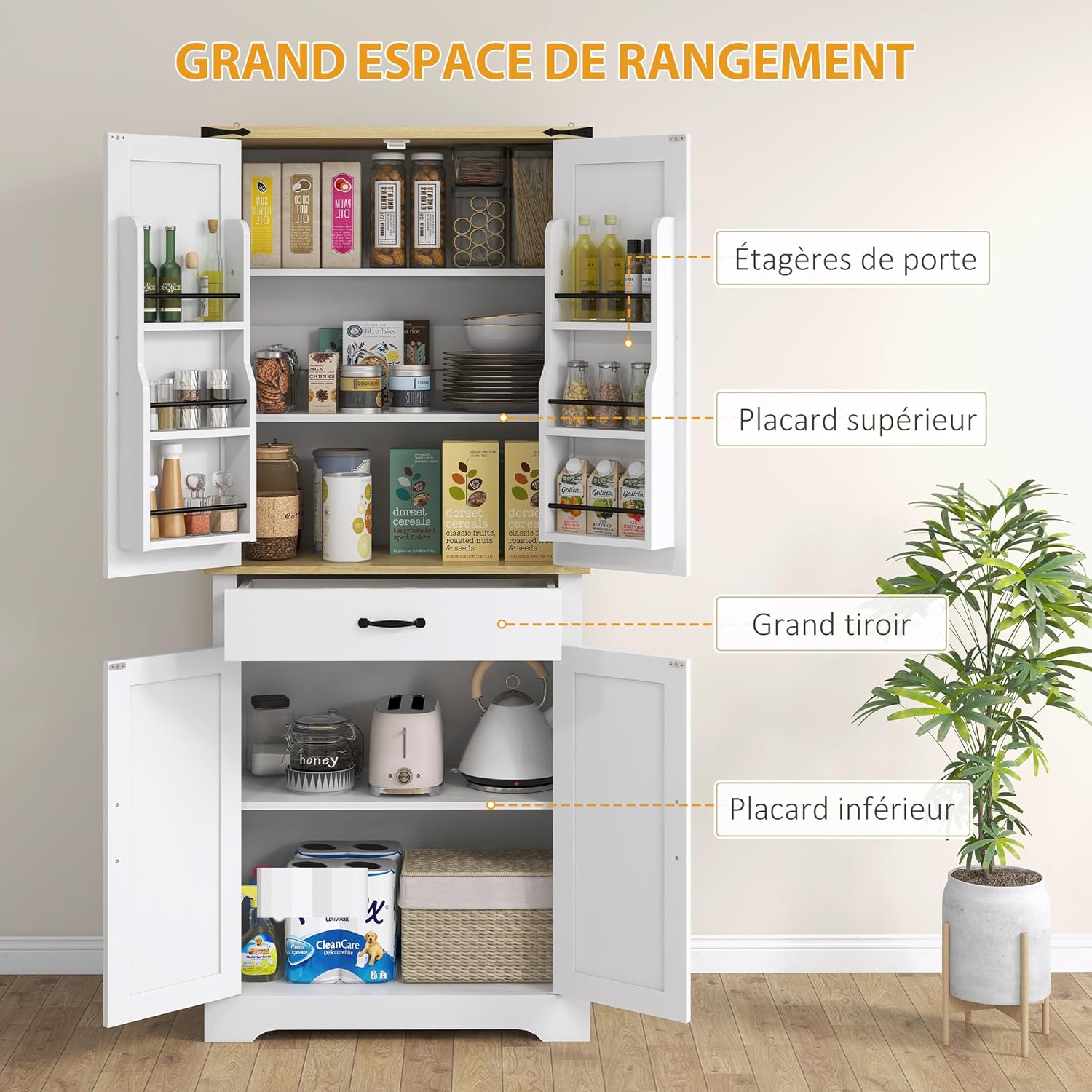 HOMCOM Armoire de Cuisine Buffet Cuisine vaisselier Meuble de Rangement avec 4 Portes, 6 étagères à Porte,1 tiroir et étagères réglables, 76,5 x 40 x 181 cm, Blanc – Image 4