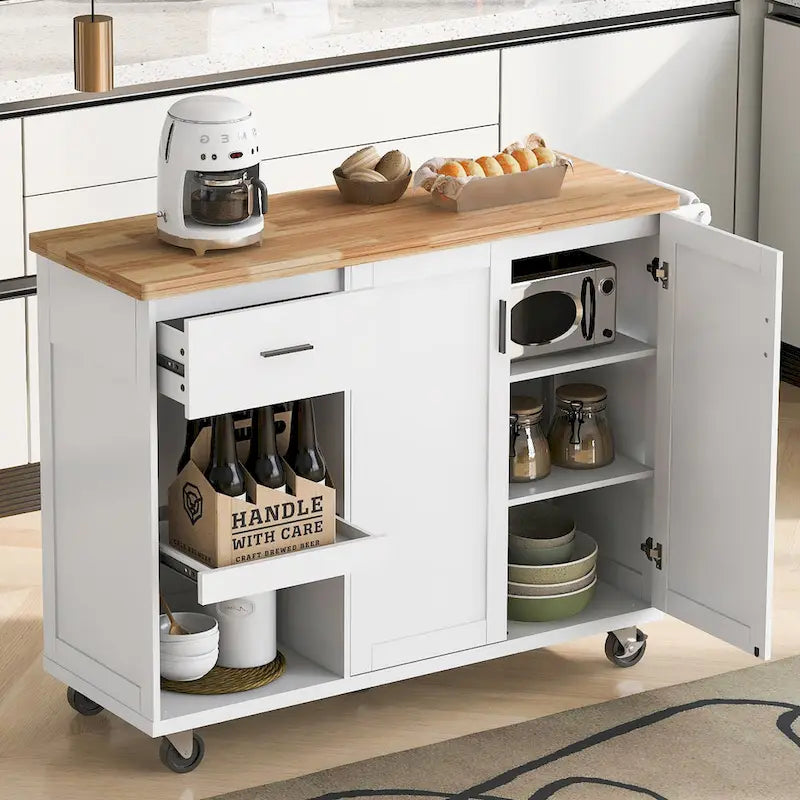 Kitchen Island with Foldable Counter Top, Kitchen Storage Cart with Slide-Out Shelf, Towel Rack and Drawer, Rolling Wheels – Image 21