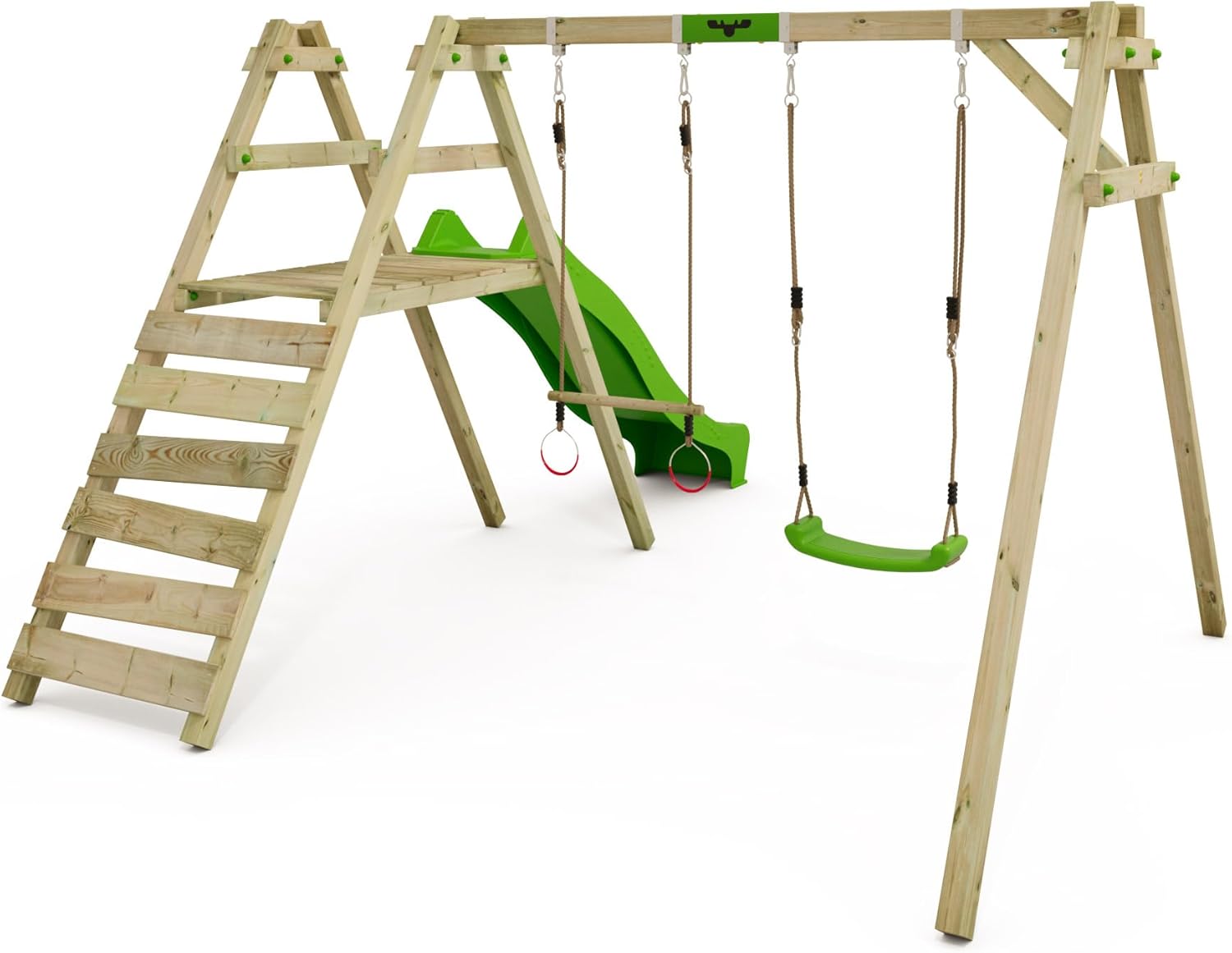 FATMOOSE Portique de Balançoire JollyJack - Double Avec Toboggan Vert Pomme et Annexe à Grimper, en Bois Pour Enfants Dans Le Jardin – Image 9
