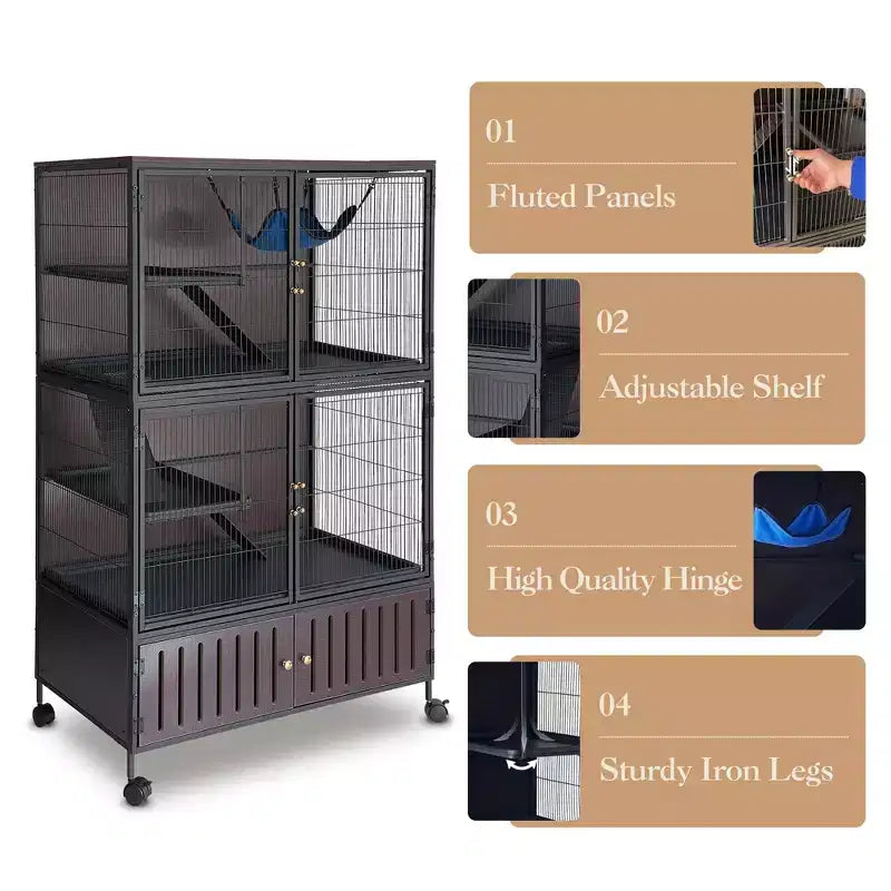 Small Animal Cage, Ferret Cage - 59'' 5-Tier Habitat with Storage Cabinet, Includes Hammock/Wheels/Removable Ramps/Easy-Clean Trays – Image 8