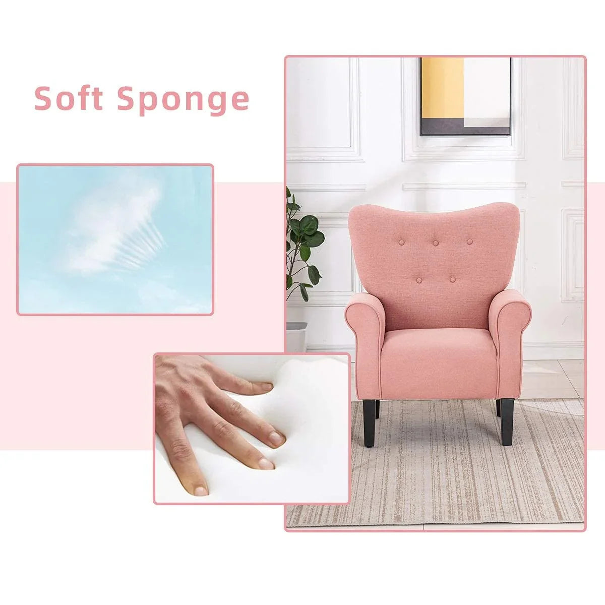 Erommy Modern Accent Chair, High Back Armchair, Upholstered Fabric Button Single Sofa with Wooden Legs for Living Room – Image 69