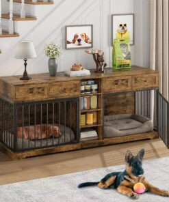 82 Double Dog Crate Furniture, Large Dog Kennel Indoor for 2 Dogs, Heavy Duty Wooden Dog Crate TV Stand with 4 Drawers and Shelves
