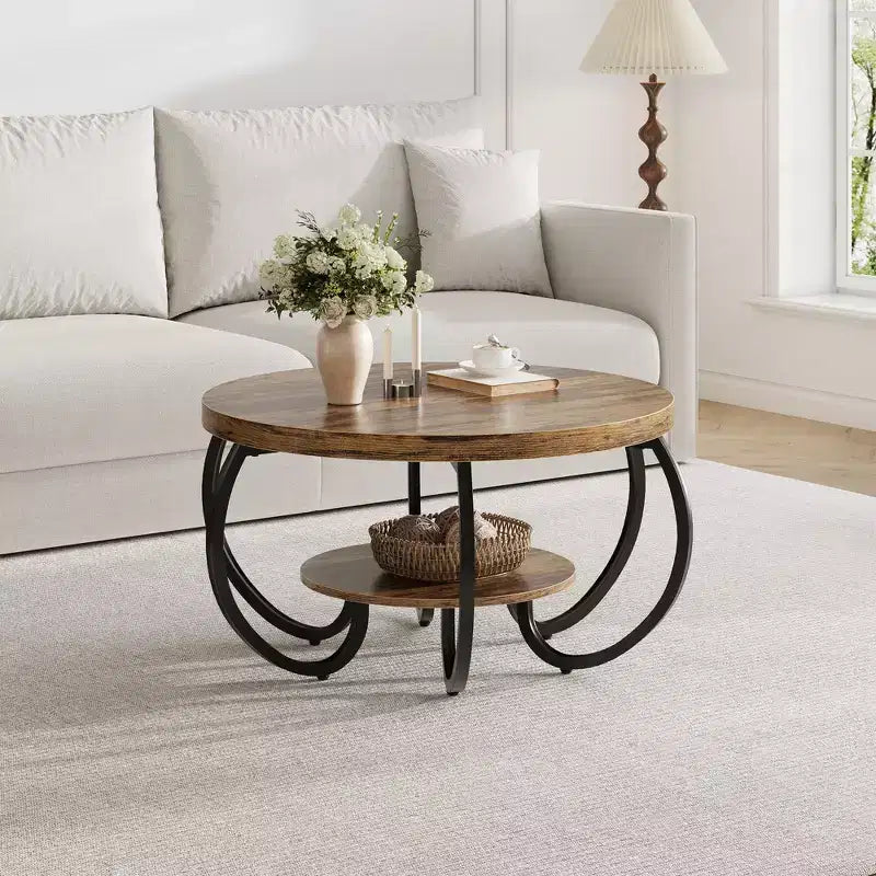 30 Inch Round Industrial Coffee Table 2-Tier with Adjustable Feet Wood Grain Shelf Flame Design Easy Assembly Living Room – Image 5