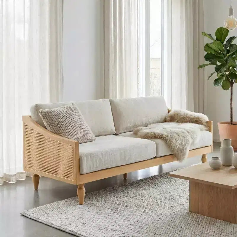 Mid-century Loveseat Sofa with Soft Upholstery, Rattan Armrests & Wooden Legs, 2-Seater Sofa for Living Room, Bedroom, or Apartment-Panipeachy – Image 3