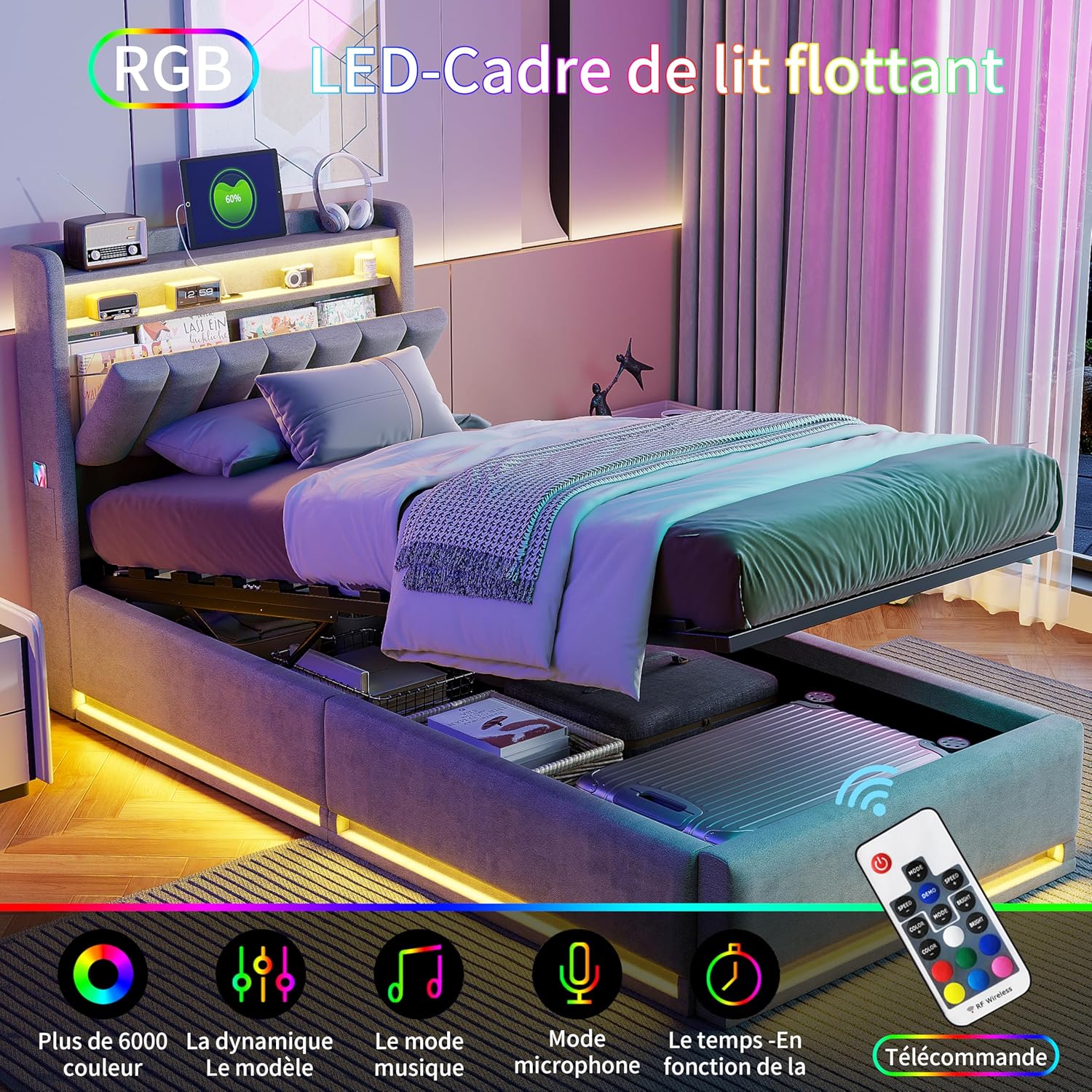 Lit Coffre 90x200 cm avec LED et Ports USB,Tête de Lits avec Rangement,Lit Double avec Sommier à Lattes, Facile à Assembler,pour Adultes et Adolescents,Velours (Gris, 90x200 cm) – Image 3