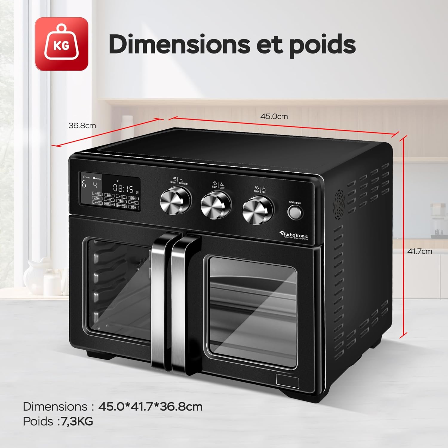 TurboTronic Mini four, four à air chaud 4 en 1 et friteuse à air chaud, version XXL 32 L, y compris tournebroche et de nombreux accessoires, plaque de cuisson, déshydrateur à partir de 25 °C & grill – Image 10
