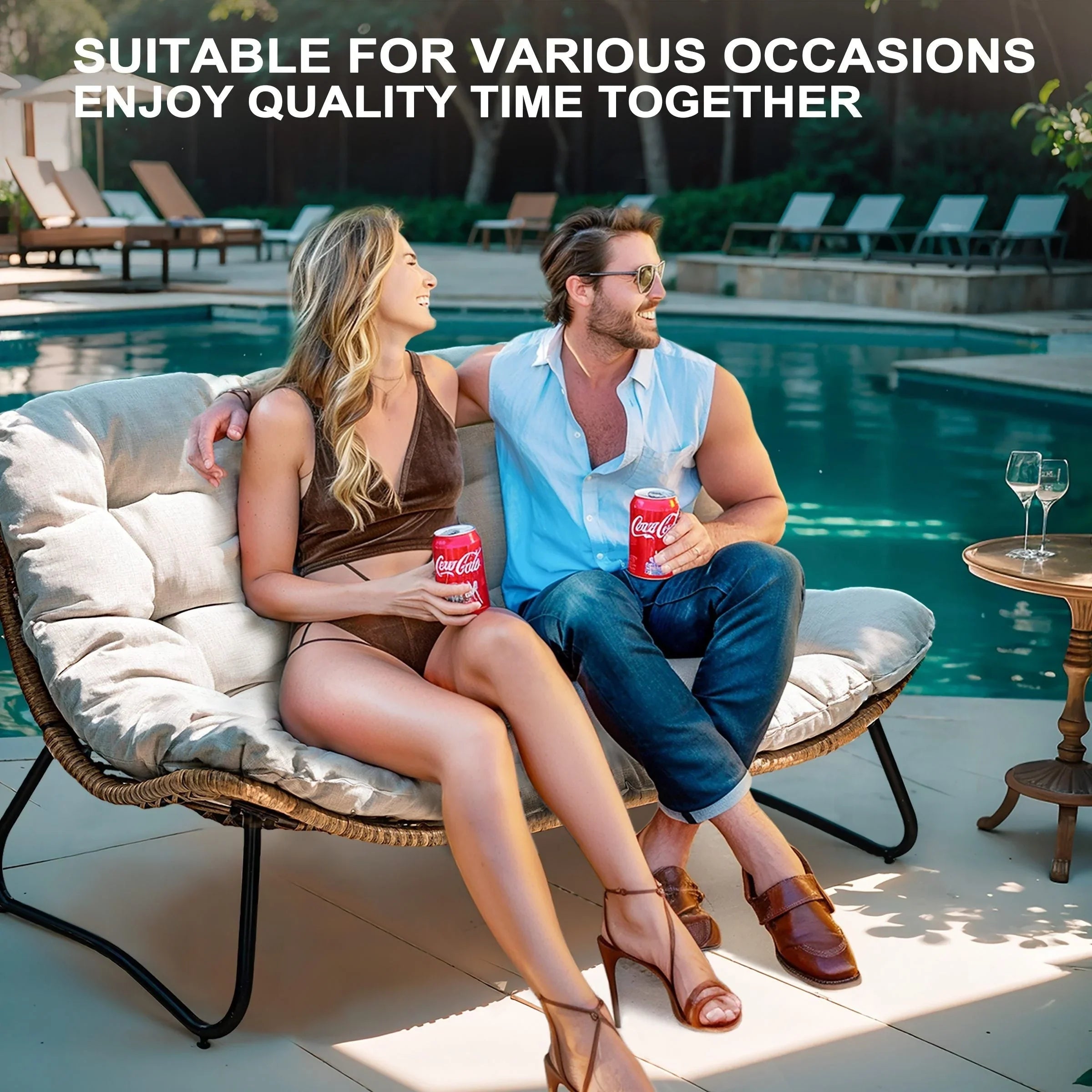 Double Papasan Chair Loveseat with Cushion, All-weather PE Rattan and Metal Frame for Indoor Outdoor – Image 30