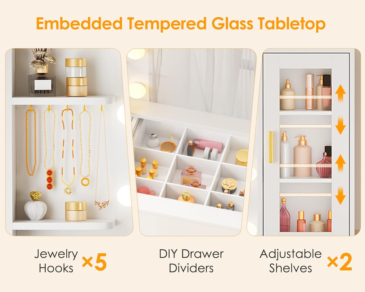 ANWBROAD Grande Coiffeuse avec Miroir et Prise, Éclairage LED Réglable,Table de Maquillage avec Plateau en Verre Coiffeuse Moderne avec 8 Tiroirs 3 Étagères 5 Crochets Blanc BDT88W – Image 5