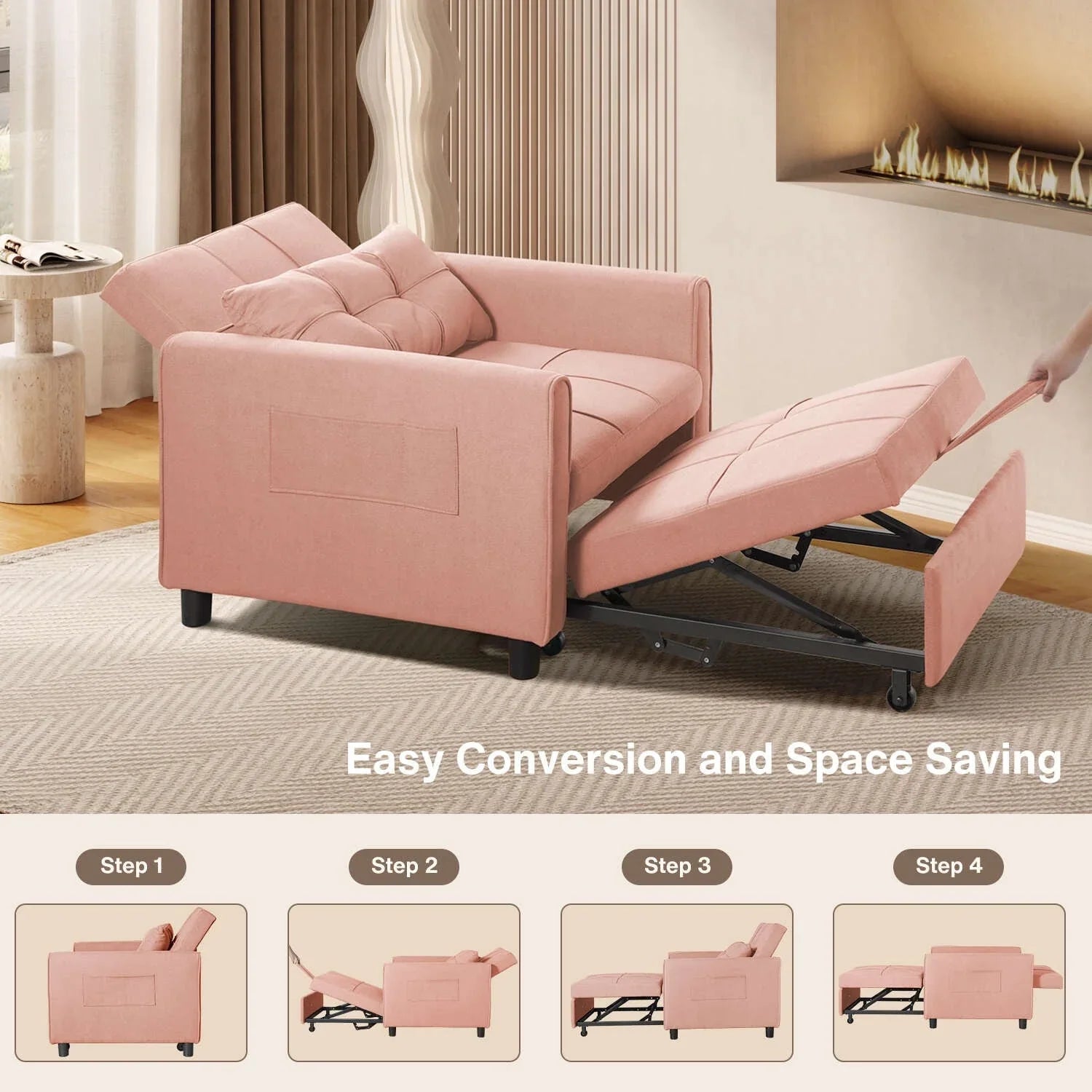 3-in-1 Adjustable Sleeper Sofa Bed, Pull Out Chair Sofa, Convertible Folding Bed for Living Room – Image 61