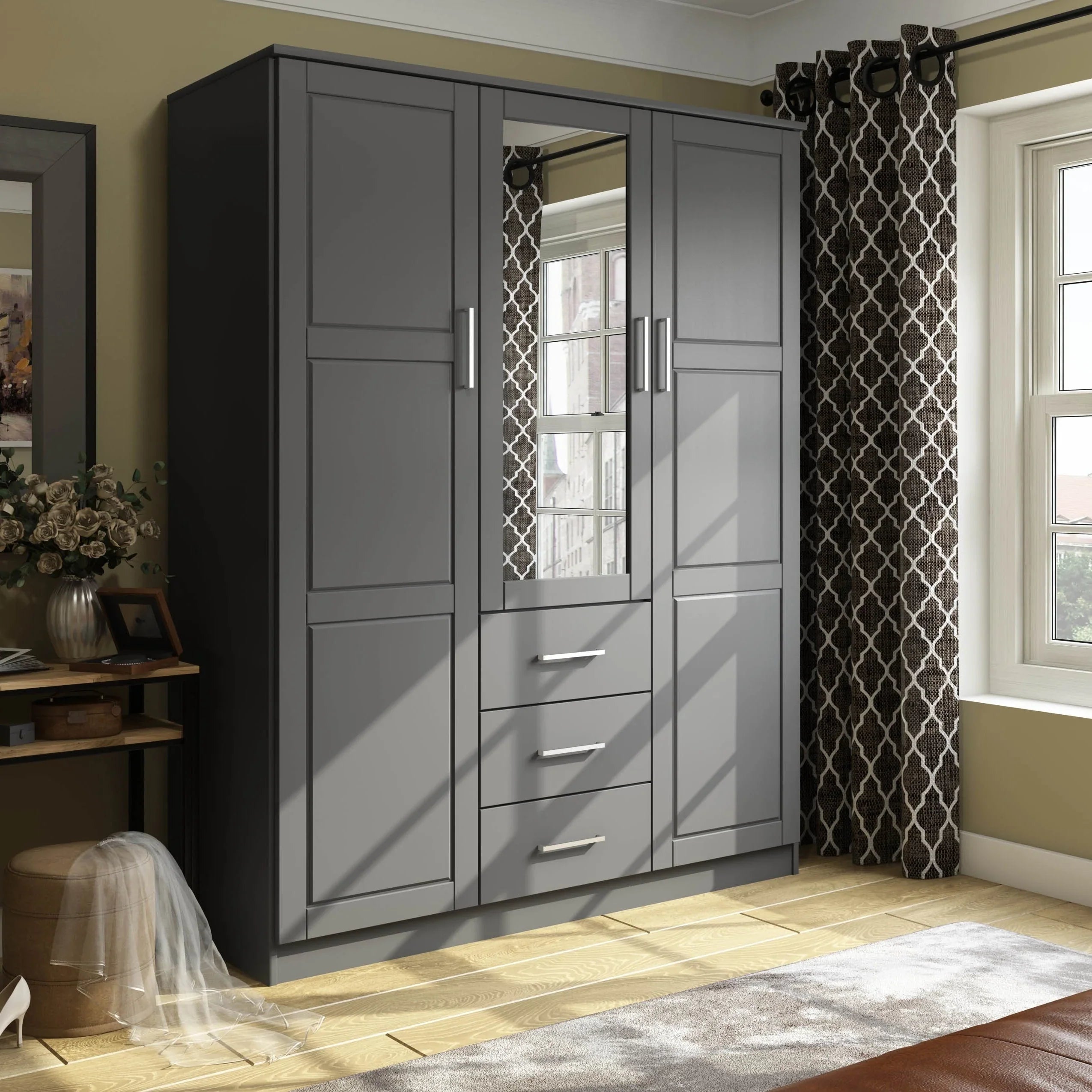 Palace Imports 100% Solid Wood Cosmo 3-Door Wardrobe Armoire with Solid Wood or Mirrored Doors – Image 33