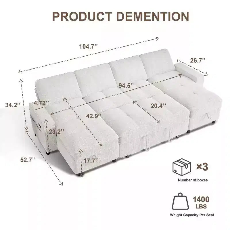 104 U-Shaped Convertible Sleeper Sofa Bed with Storage – Image 2