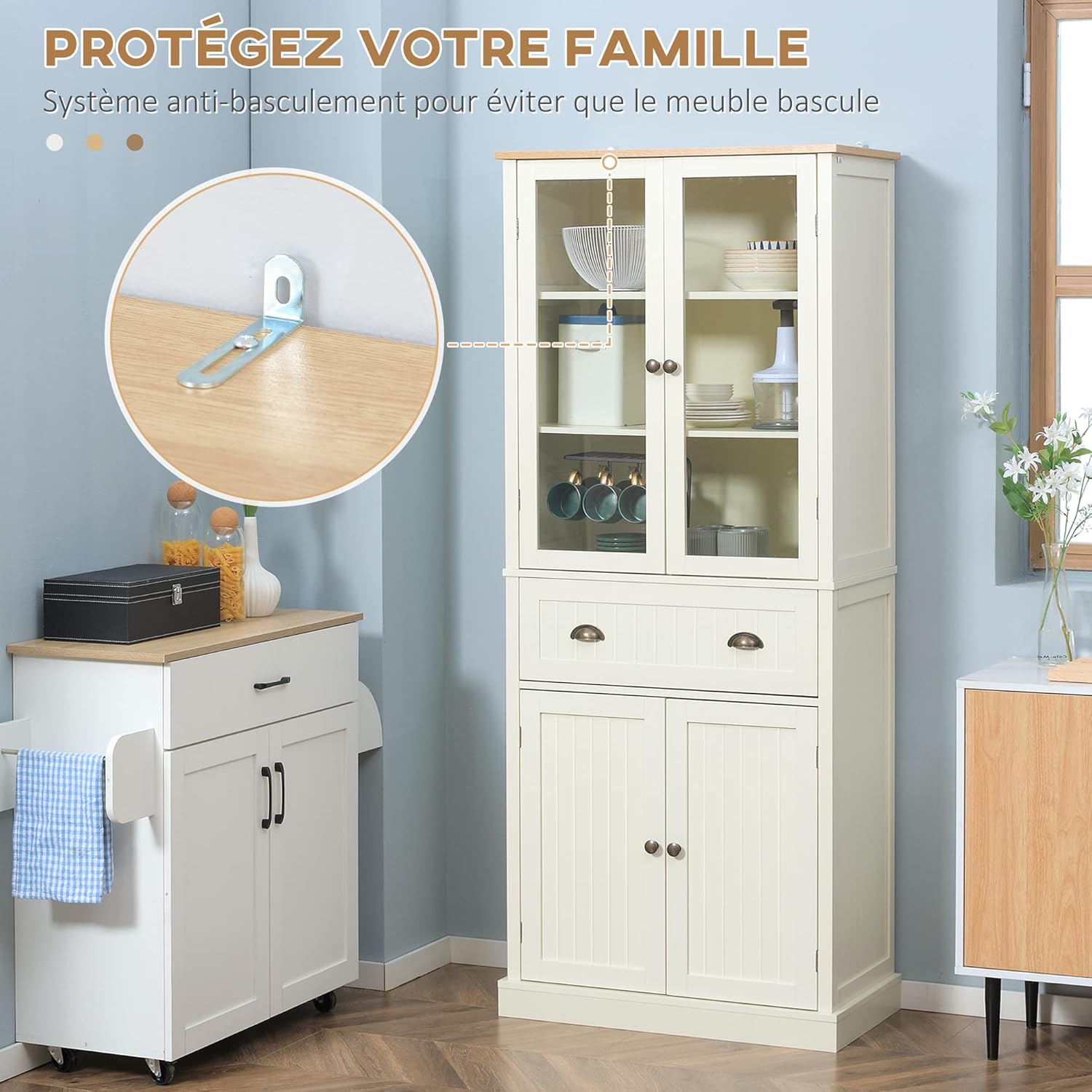 HOMCOM Buffet Meuble Cuisine Rangement Armoire de Cuisine 4 Portes Dont 2 Portes vitrées et 1 tiroir Hauteur 182,5 cm avec étagères réglables - Beige – Image 7
