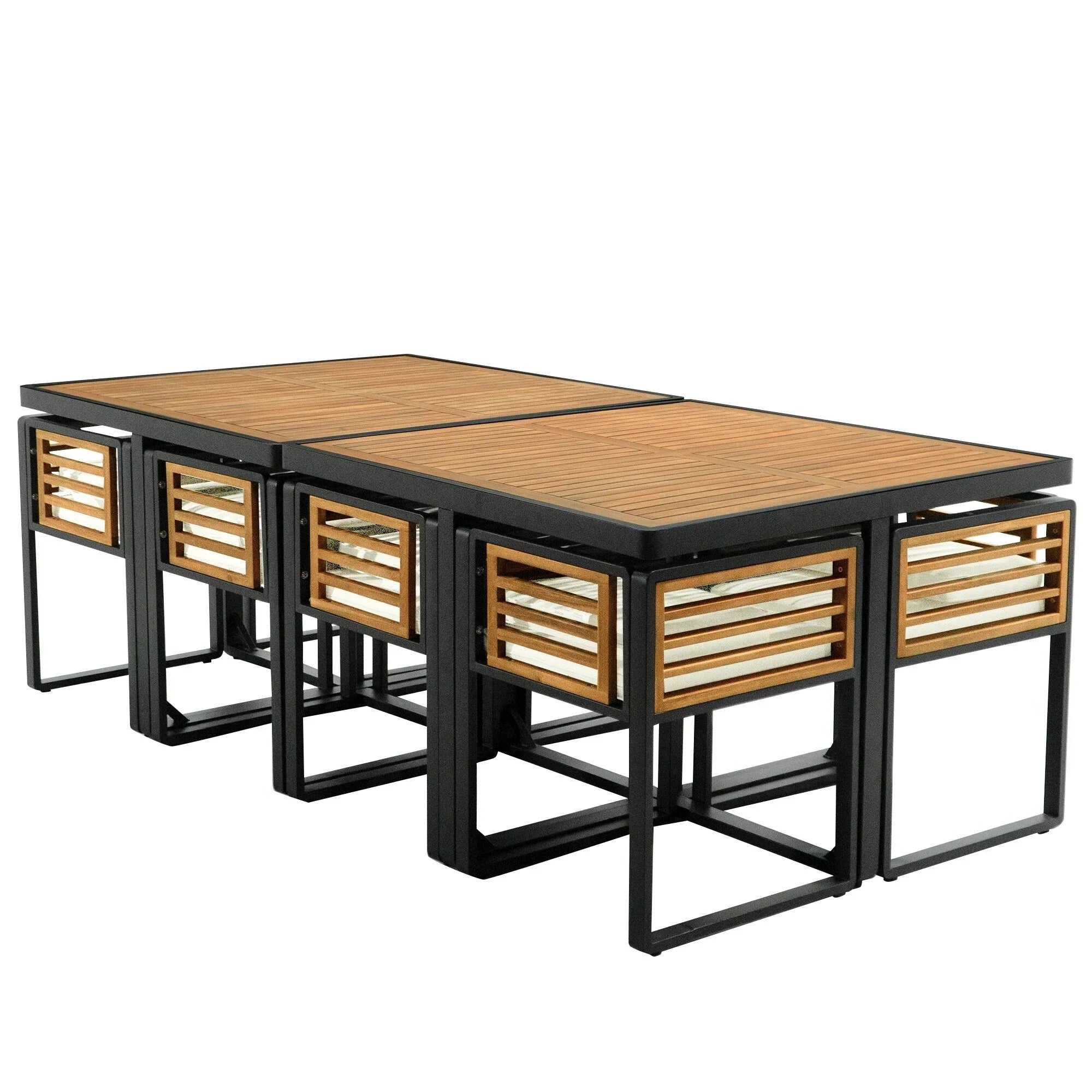 18-Pieces Acacia Wood Patio Dining Set, 8 Cushioned Chairs & 8 Ottomans & 2 Square Table – Image 15