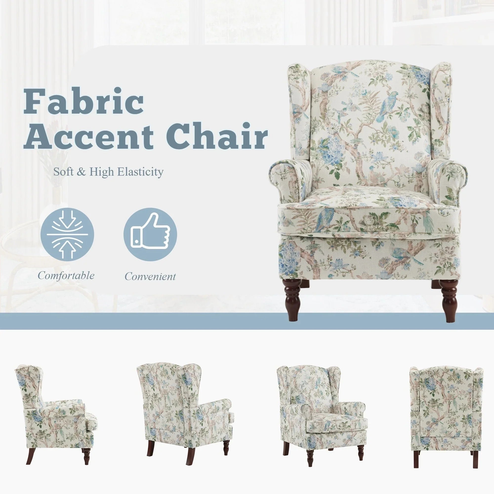 Erommy Modern Accent Chair, High Back Armchair, Upholstered Fabric Button Single Sofa with Wooden Legs for Living Room – Image 151