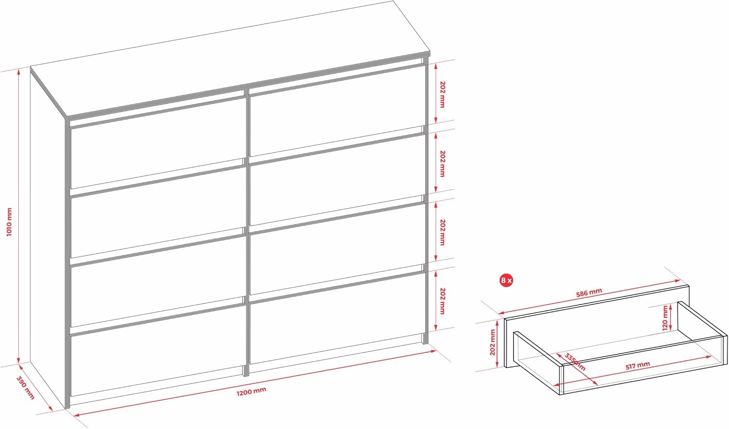 3E 3xE living.com Commode Large 8 tiroirs – Cachemire, 120 x 102 x 39 cm – Solution de Rangement élégante – Image 3