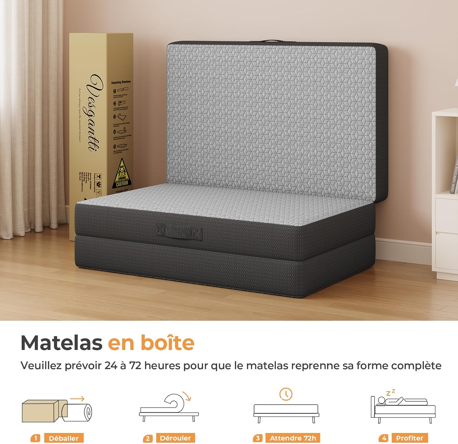 Vesgantti Matelas Pliable 120x190x15 cm avec Sac de Transport, Matelas d’Appoint Adulte en Mousse à Mémoire de Forme Gel, Lit Pliant pour Camping, Voyage, Voiture et Invités, Gris – Image 8