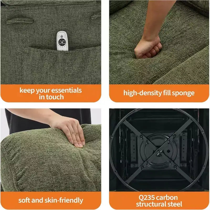 Massage Rocker Recliner with Heating, 360 Swivel Glider Recliner Chairs for Adults, Linen Nursery Chair with Side Pocket, Two Cup Holders – Image 13