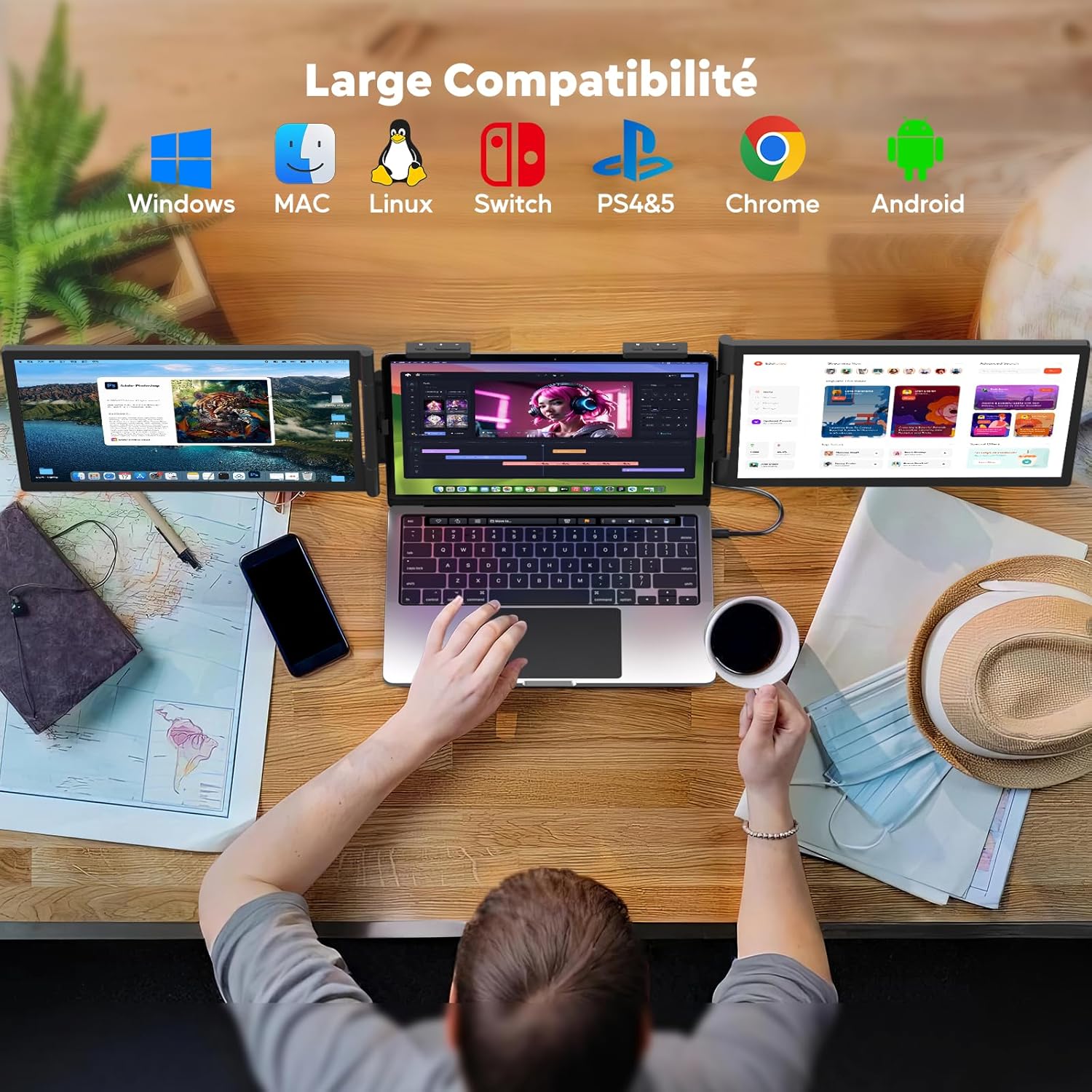 Moniteur pour Ordinateur Portable 14 FHD 1080P IPS, Triple Écran Portatif USB C, Extension Écran pour Ordinateur Portable 14-16 Compatible avec Mac, Windows, Chrome, Switch, PS45 – Image 2