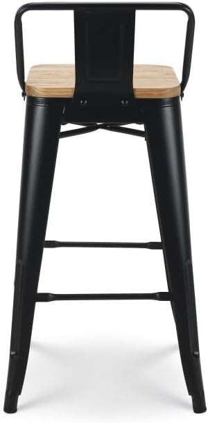 Kosmi Lot de 4 tabourets de Bar en métal Noir Mat Style Industriel avec Dossier et Assise en Bois Clair - Hauteur 66cm – Image 8