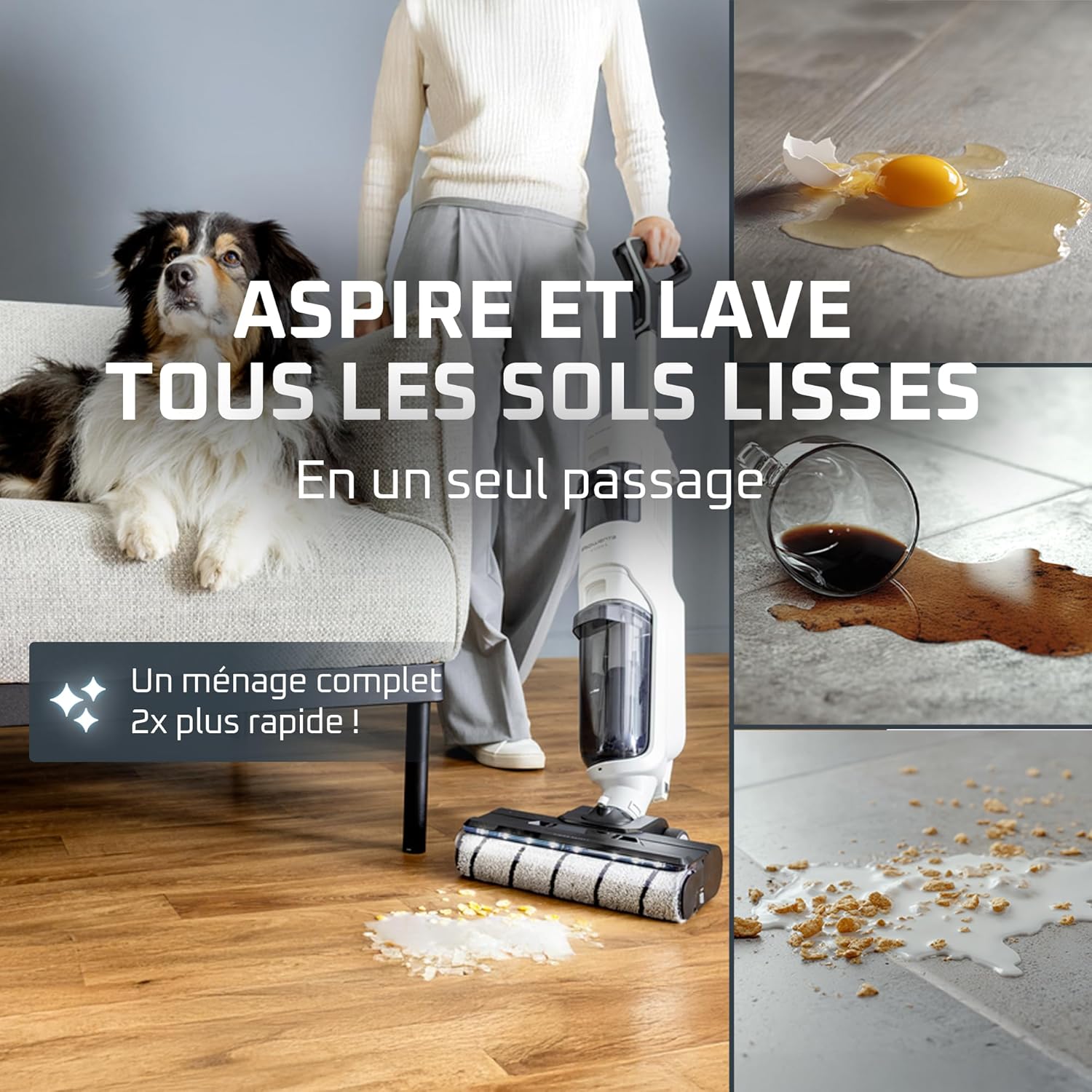 Rowenta X-Clean5, Aspirateur Laveur sans Fil, Nettoyage 2-en-1, Mode de détection Auto, Éclairage LED, Auto-Nettoyage, Séchage air Chaud, GZ5557EE, Blanc/Noir – Image 2