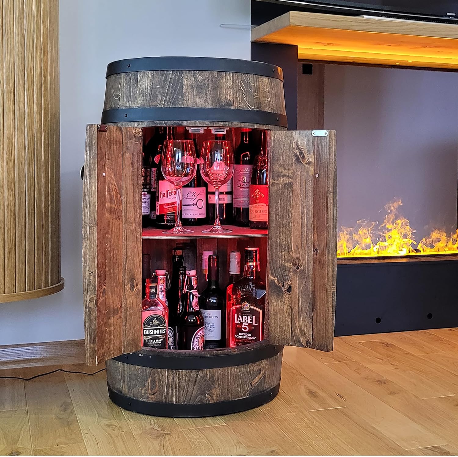 weeco Tonneau en Bois avec LED RGB et Deux Étagères – Mini Bar avec Portes – Couleur Wenge, Brun Foncé – Dimensions 80x50cm – Image 2