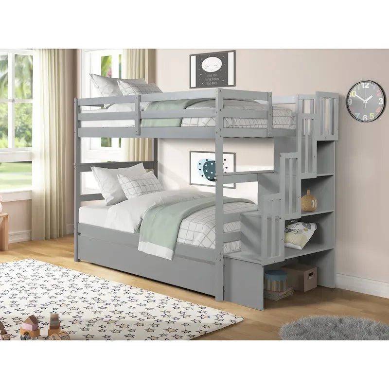 Twin over Twin Bunk Beds With Twin Trundle and Stairway Storage Function in Grey Color – Image 10