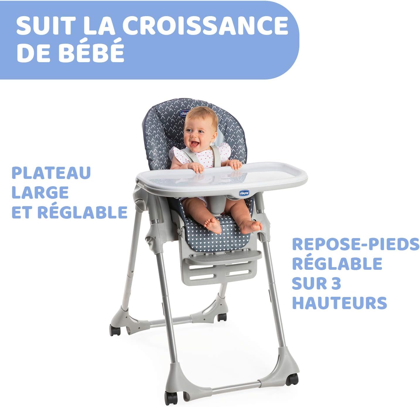 Chicco Chaise haute Réglable Polly Easy pour enfants de 6 mois à 3 ans (15 kg), inclinable, avec hauteur et repose-pieds réglables, 4 roues, pliage - Pinguin – Image 2