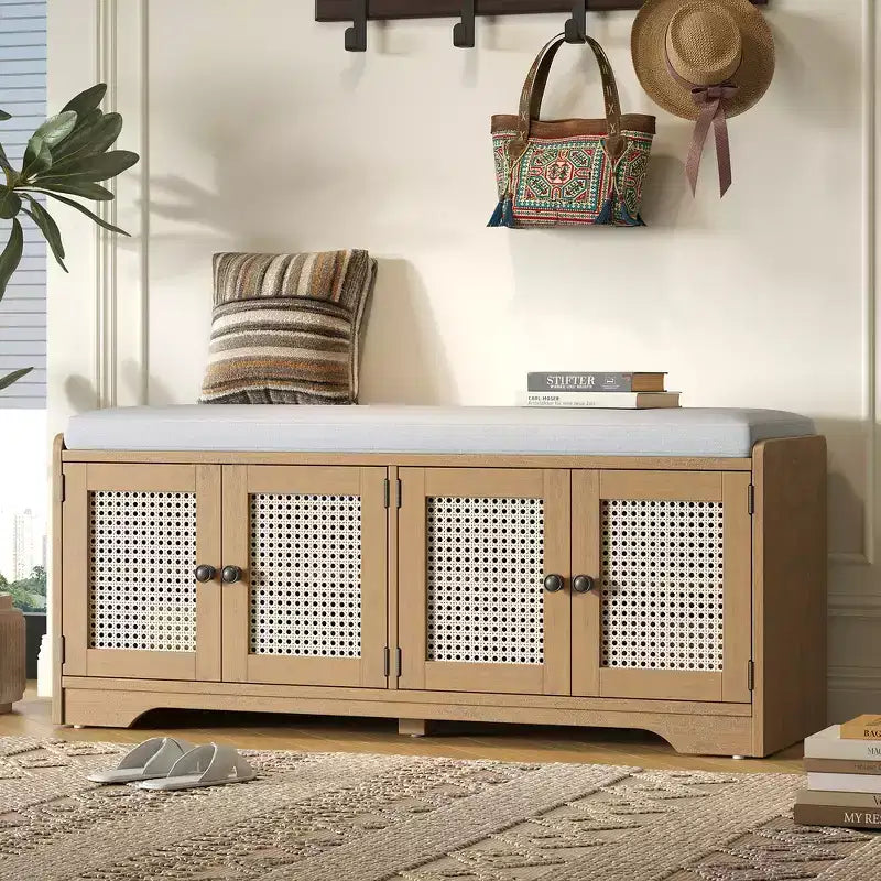 Whisen Rustic Wood Storage Bench, Entryway Shoe Bench with Removable Cushion, Adjustable Shelves – Image 21