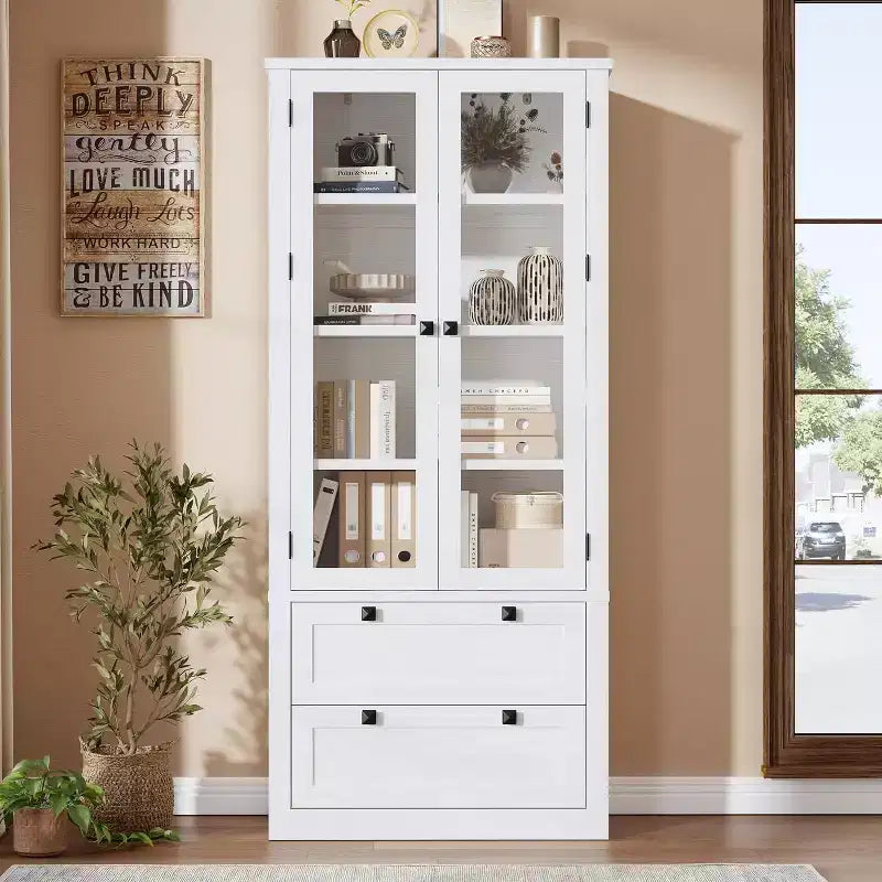 Farmhouse Kitchen Pantry Cabinet with Glass Doors, 72in Storage Cupboard with Drawers and Adjustable Shelves for Dining Room Bathroom Living Room – Image 26