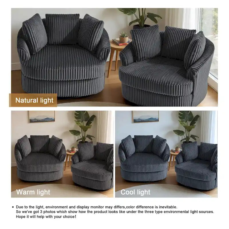 2 Set Oversized 43 W Plush Corduroy Swivel Barrel Chair with Pillows – Image 35