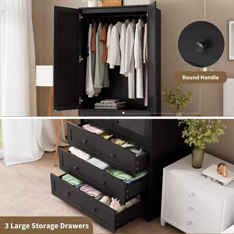 COZONY Armoire Wardrobe with 3 Drawers & 2 Doors, Modern Wooden Closet Cabinet for Bedroom, Heavy Duty White Standing Armoire – Image 10