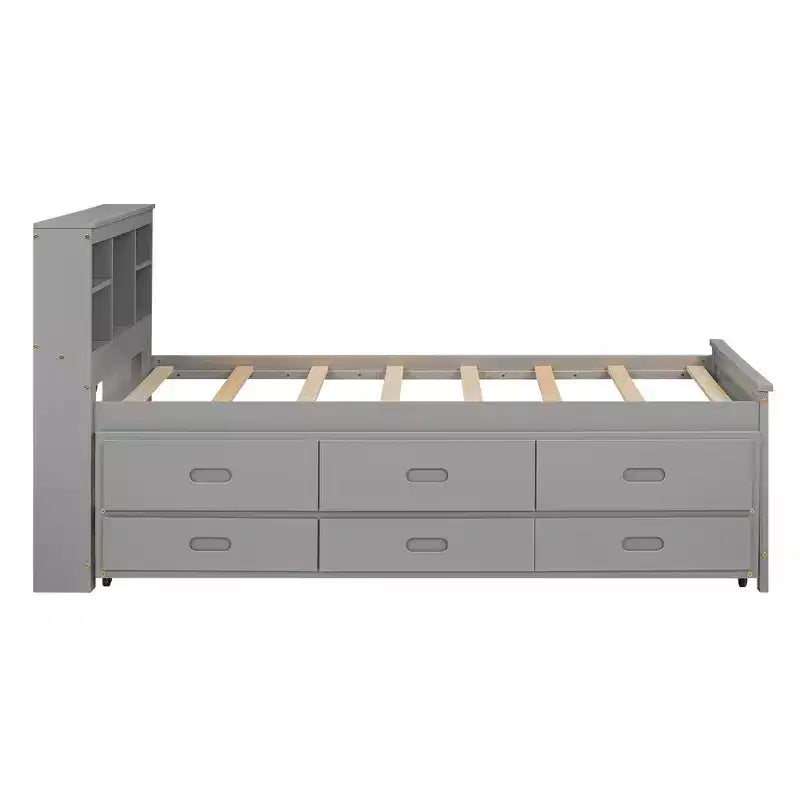 Platform Bed with Trundle and Drawers, Storage Platform Bed with USB, Wood Platform Bed with Bookcase – Image 10